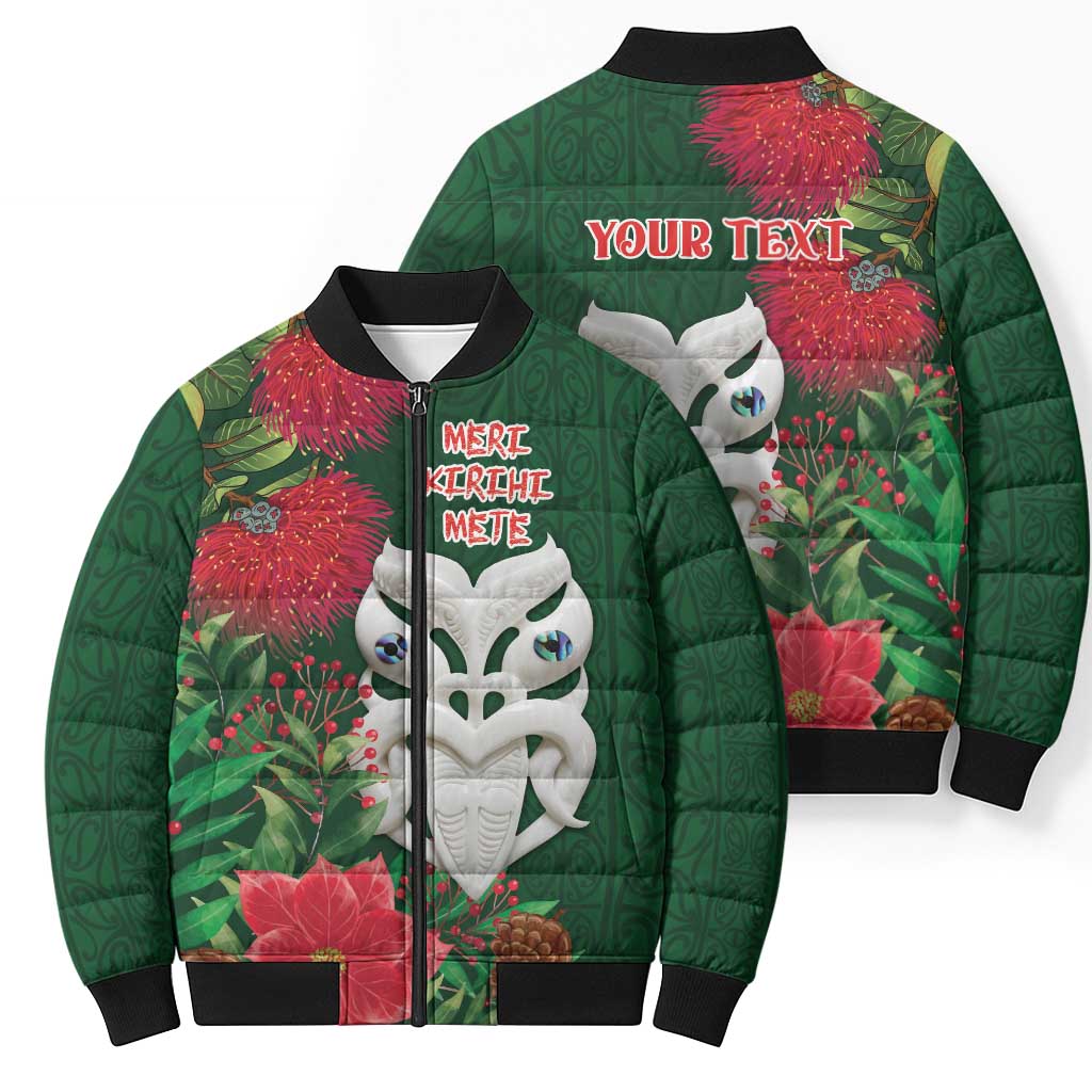 Maori Wheku Meri Kirihimete Personalised Bomber Puffer Jacket All Green Indigenous Maori Motif - Polynesian Pride