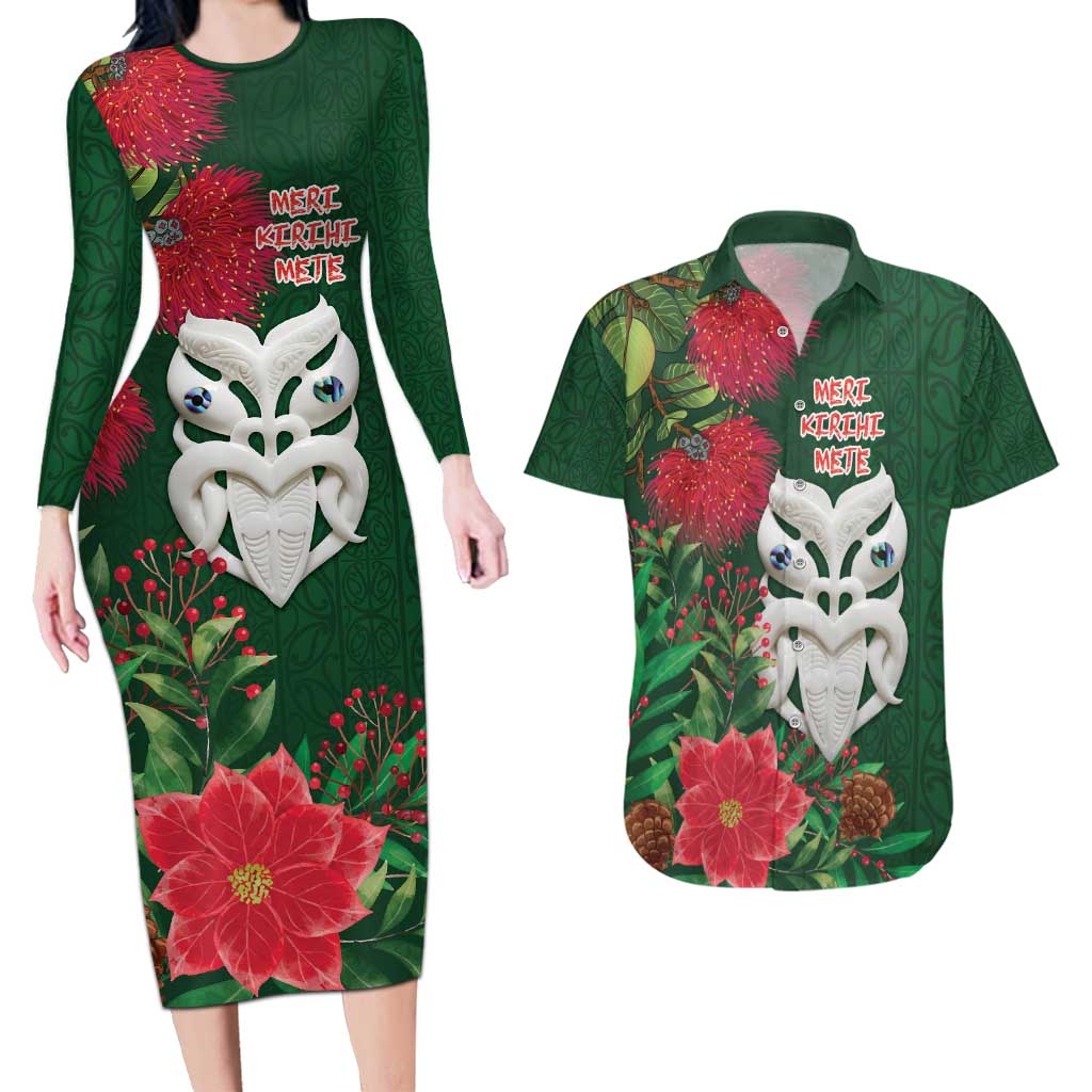 Maori Wheku Meri Kirihimete Personalised Couples Matching Long Sleeve Bodycon Dress and Hawaiian Shirt All Green Indigenous Maori Motif - Polynesian Pride