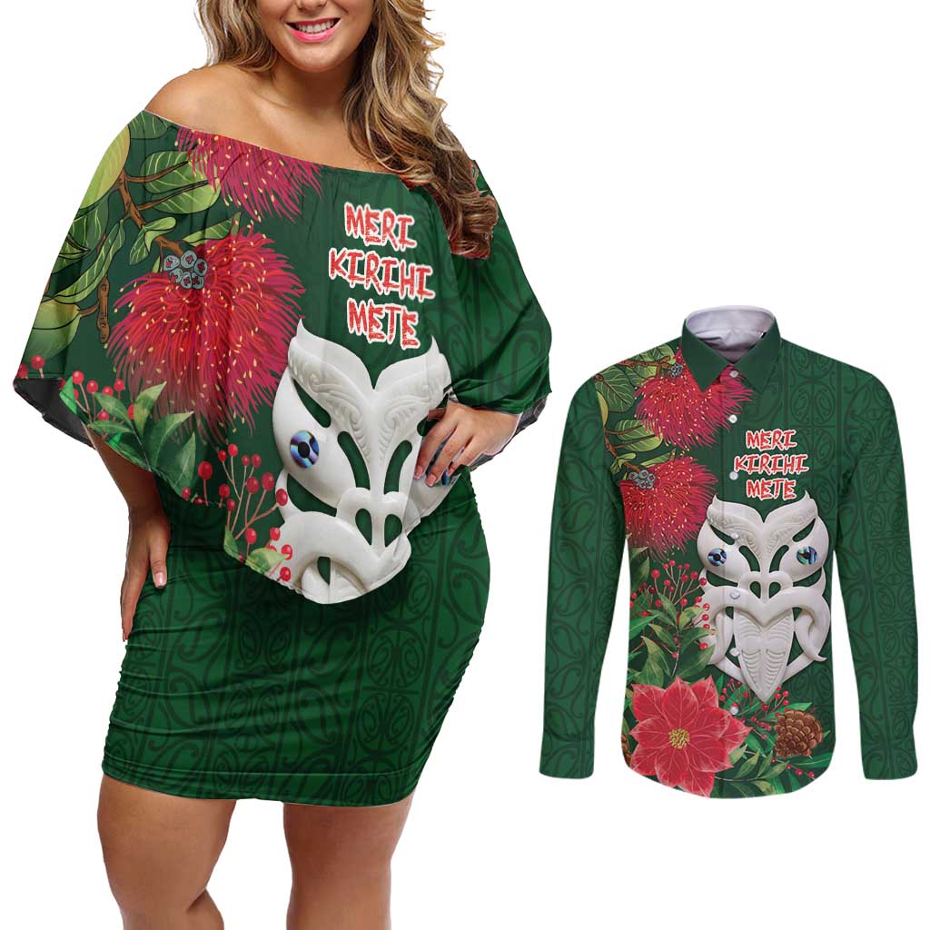 Maori Wheku Meri Kirihimete Personalised Couples Matching Off Shoulder Short Dress and Long Sleeve Button Shirt All Green Indigenous Maori Motif - Polynesian Pride