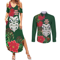 Maori Wheku Meri Kirihimete Personalised Couples Matching Summer Maxi Dress and Long Sleeve Button Shirt All Green Indigenous Maori Motif - Polynesian Pride