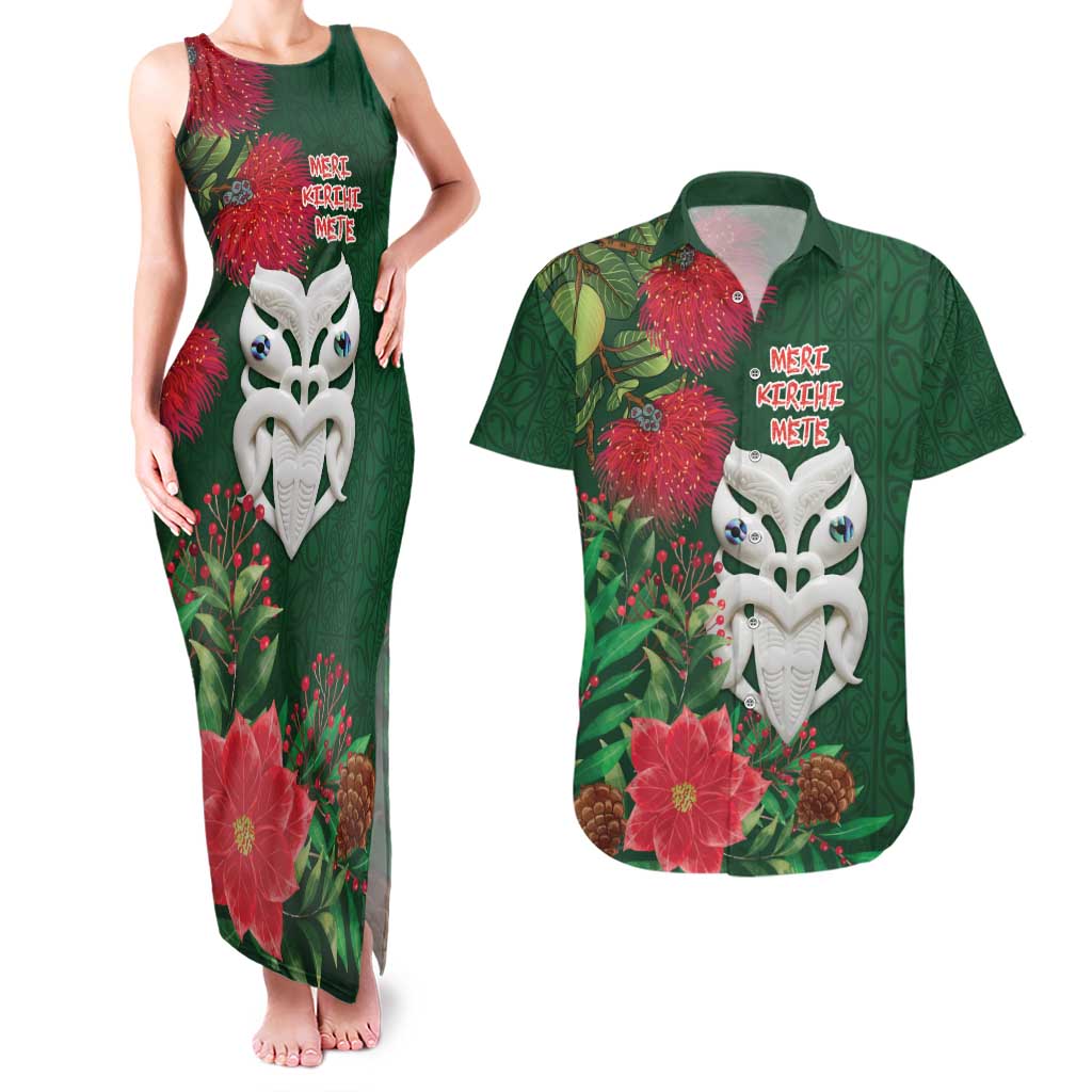 Maori Wheku Meri Kirihimete Personalised Couples Matching Tank Maxi Dress and Hawaiian Shirt All Green Indigenous Maori Motif - Polynesian Pride