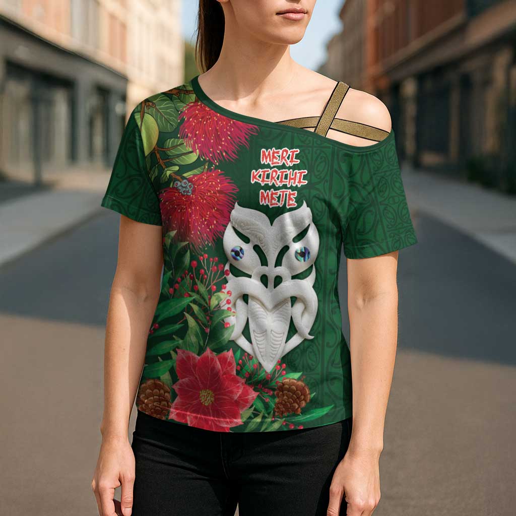 Maori Wheku Meri Kirihimete Personalised Cross Shoulder Shirt All Green Indigenous Maori Motif - Polynesian Pride