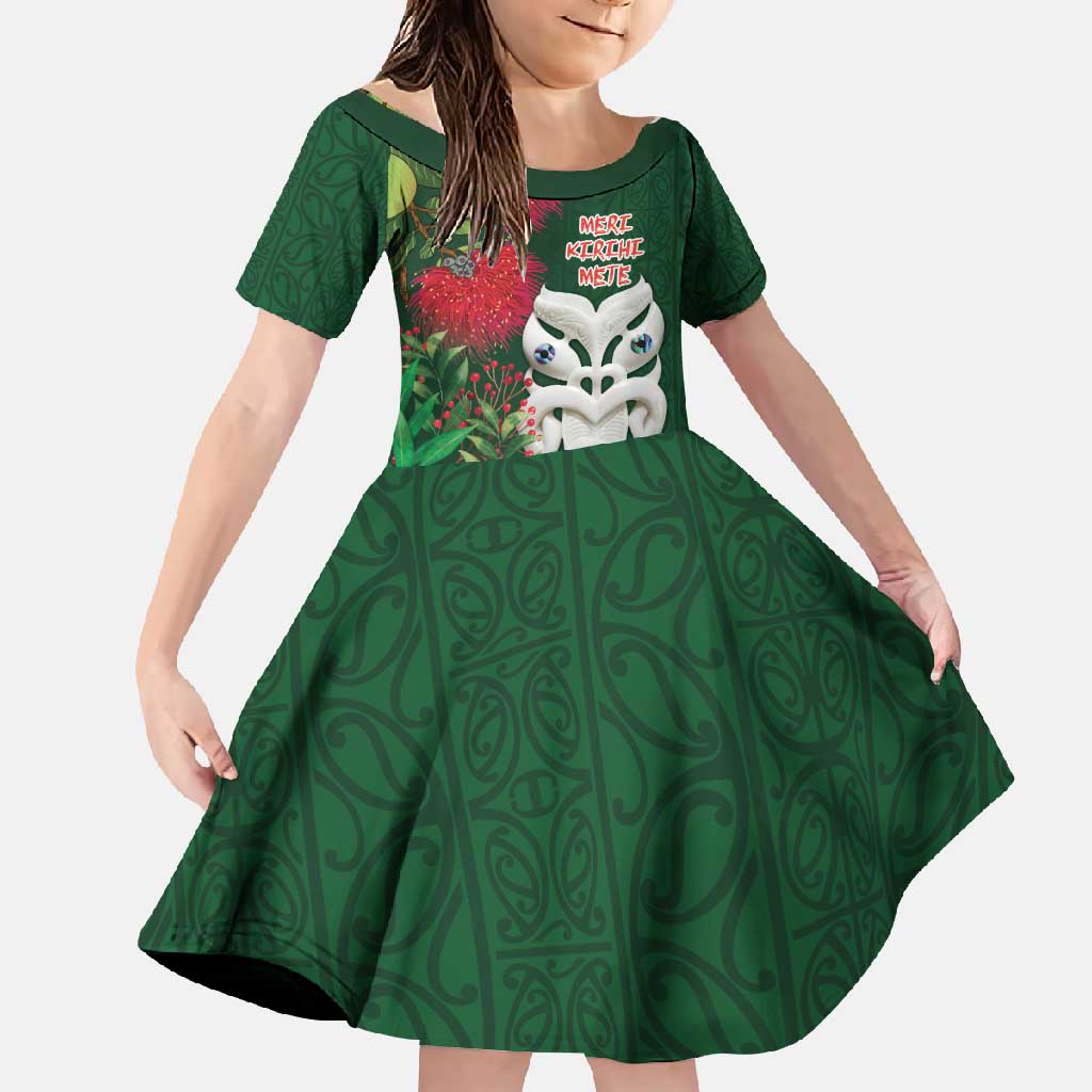 Maori Wheku Meri Kirihimete Personalised Family Matching Off Shoulder Maxi Dress and Hawaiian Shirt All Green Indigenous Maori Motif - Polynesian Pride