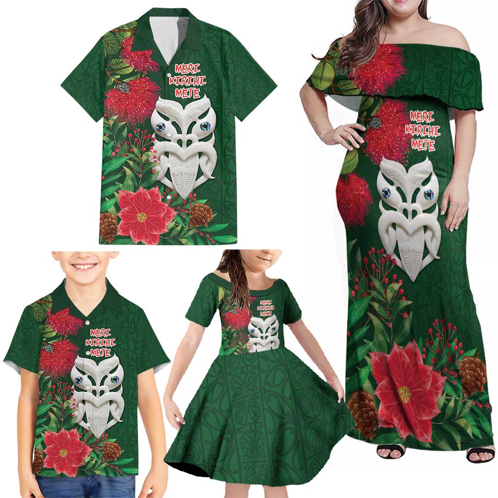 Maori Wheku Meri Kirihimete Personalised Family Matching Off Shoulder Maxi Dress and Hawaiian Shirt All Green Indigenous Maori Motif - Polynesian Pride