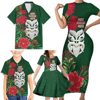 Maori Wheku Meri Kirihimete Personalised Family Matching Short Sleeve Bodycon Dress and Hawaiian Shirt All Green Indigenous Maori Motif - Polynesian Pride