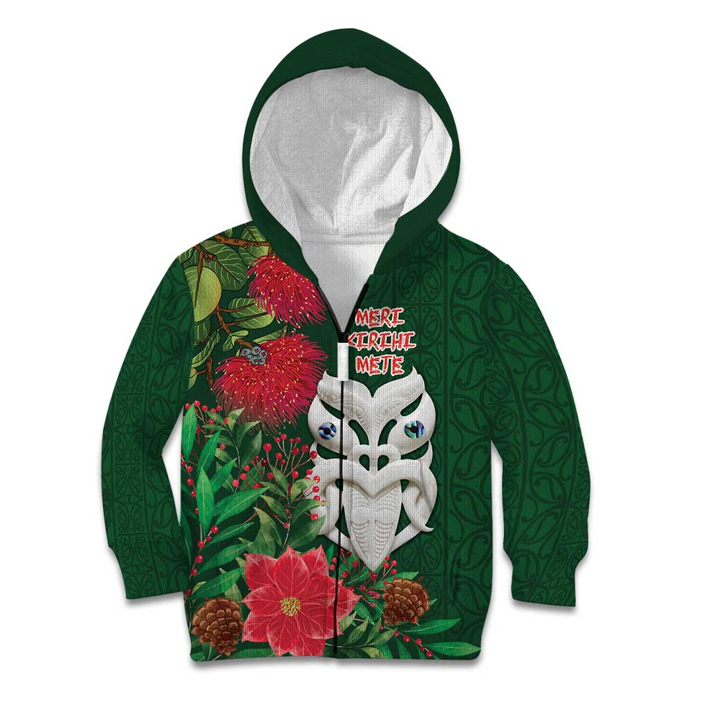 Maori Wheku Meri Kirihimete Personalised Kid Hoodie All Green Indigenous Maori Motif - Polynesian Pride