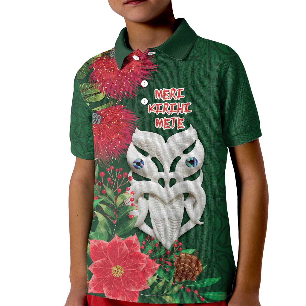 Maori Wheku Meri Kirihimete Personalised Kid Polo Shirt All Green Indigenous Maori Motif - Polynesian Pride