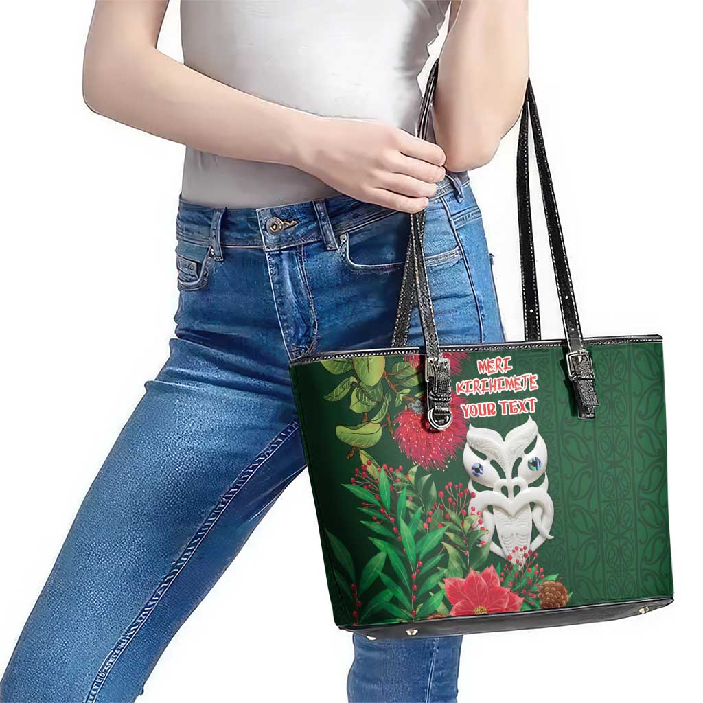 Maori Wheku Meri Kirihimete Personalised Leather Tote Bag All Green Indigenous Maori Motif - Polynesian Pride
