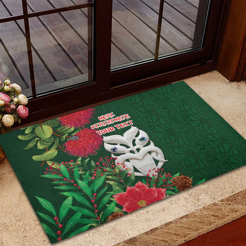 Maori Wheku Meri Kirihimete Personalised Rubber Doormat All Green Indigenous Maori Motif - Polynesian Pride