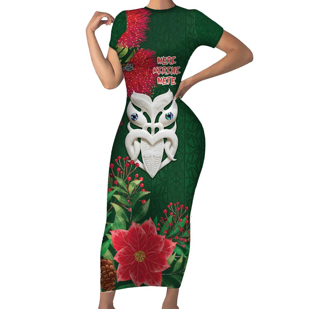 Maori Wheku Meri Kirihimete Personalised Short Sleeve Bodycon Dress All Green Indigenous Maori Motif - Polynesian Pride