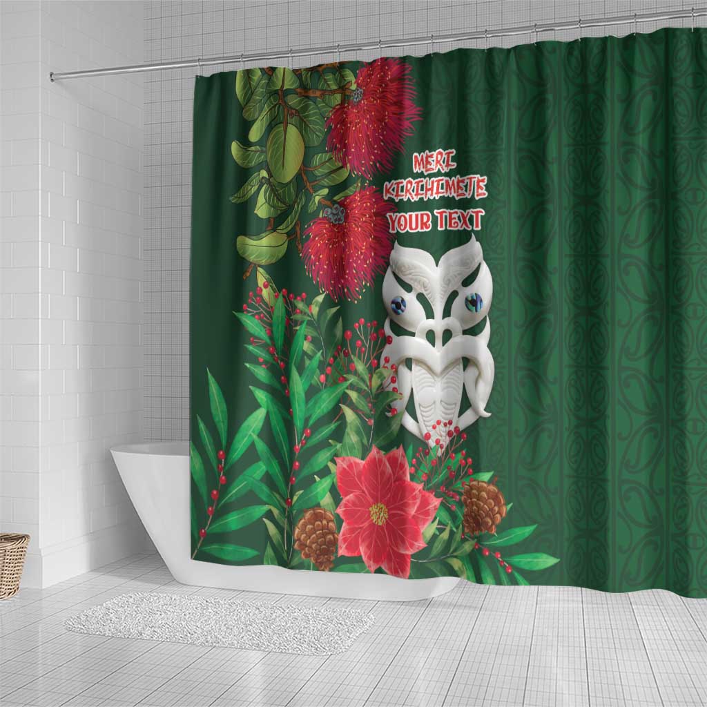 Maori Wheku Meri Kirihimete Personalised Shower Curtain All Green Indigenous Maori Motif - Polynesian Pride