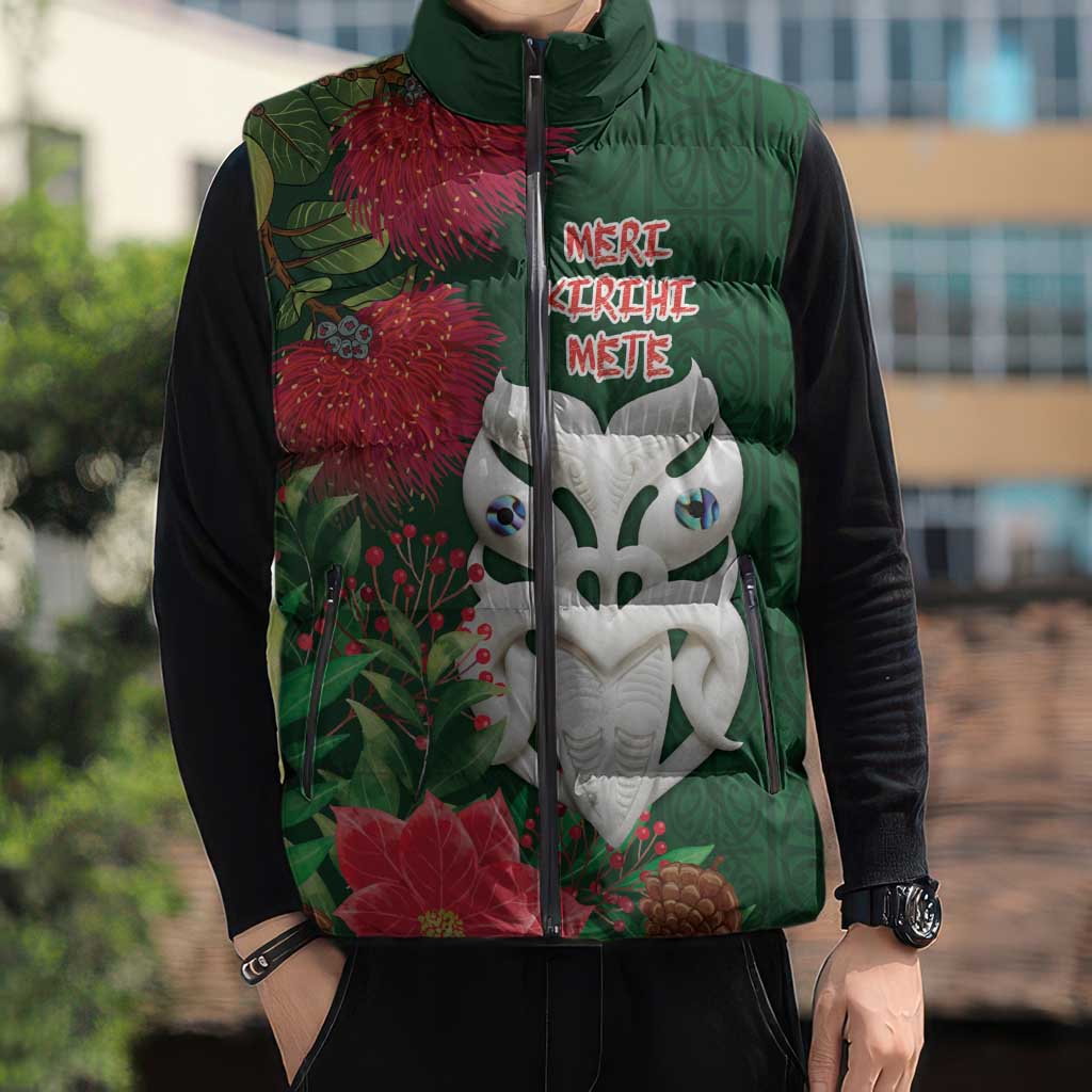 Maori Wheku Meri Kirihimete Personalised Sleeveless Puffer Jacket All Green Indigenous Maori Motif - Polynesian Pride