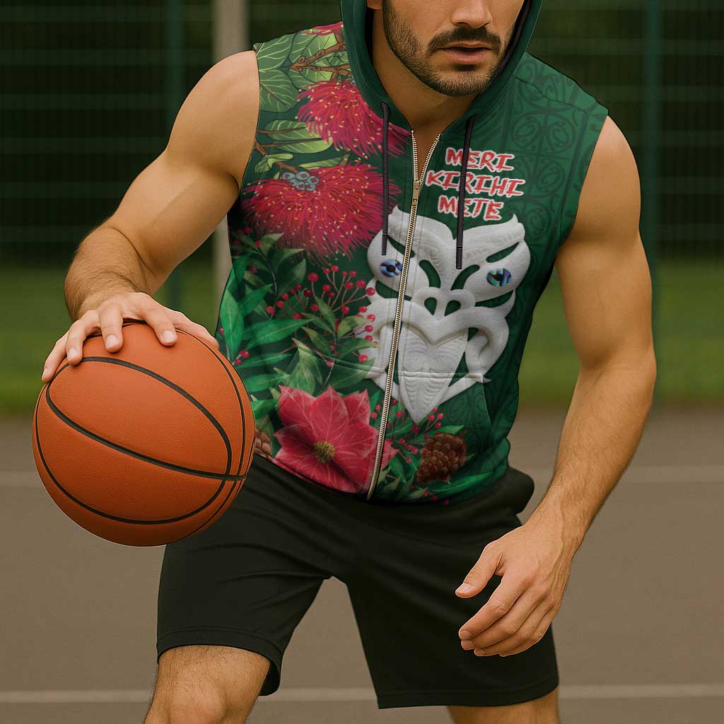 Maori Wheku Meri Kirihimete Personalised Sleeveless Zip Hoodie All Green Indigenous Maori Motif - Polynesian Pride