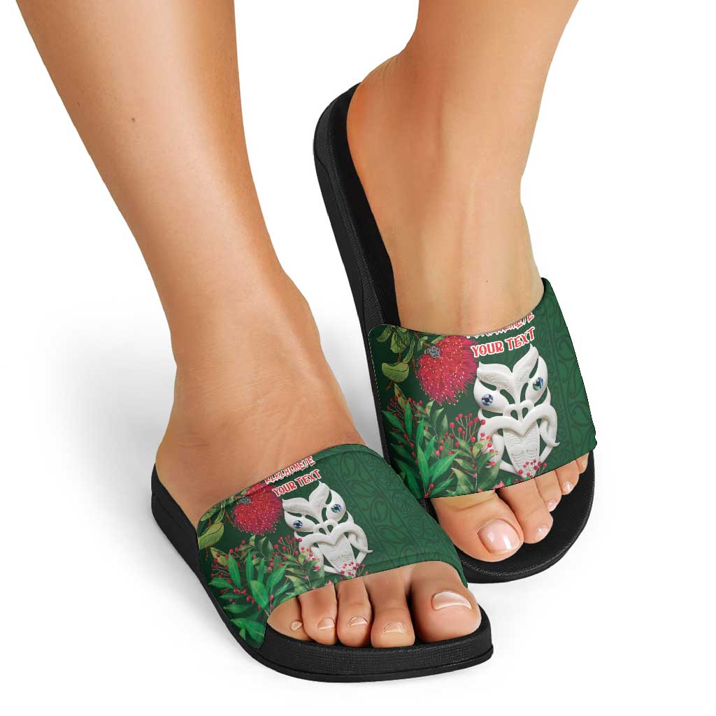 Maori Wheku Meri Kirihimete Personalised Slide Sandals All Green Indigenous Maori Motif - Polynesian Pride
