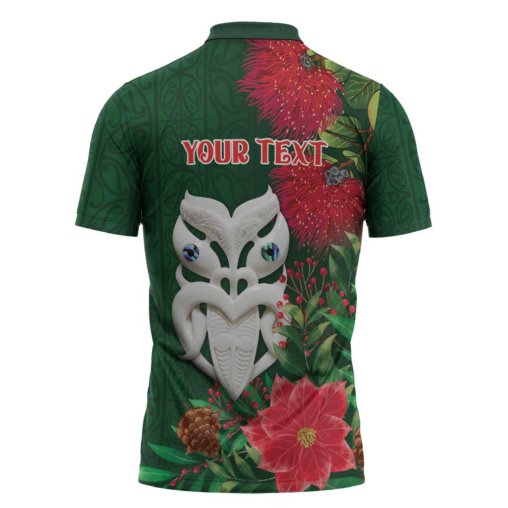 Maori Wheku Meri Kirihimete Personalised Zipper Polo Shirt All Green Indigenous Maori Motif - Polynesian Pride