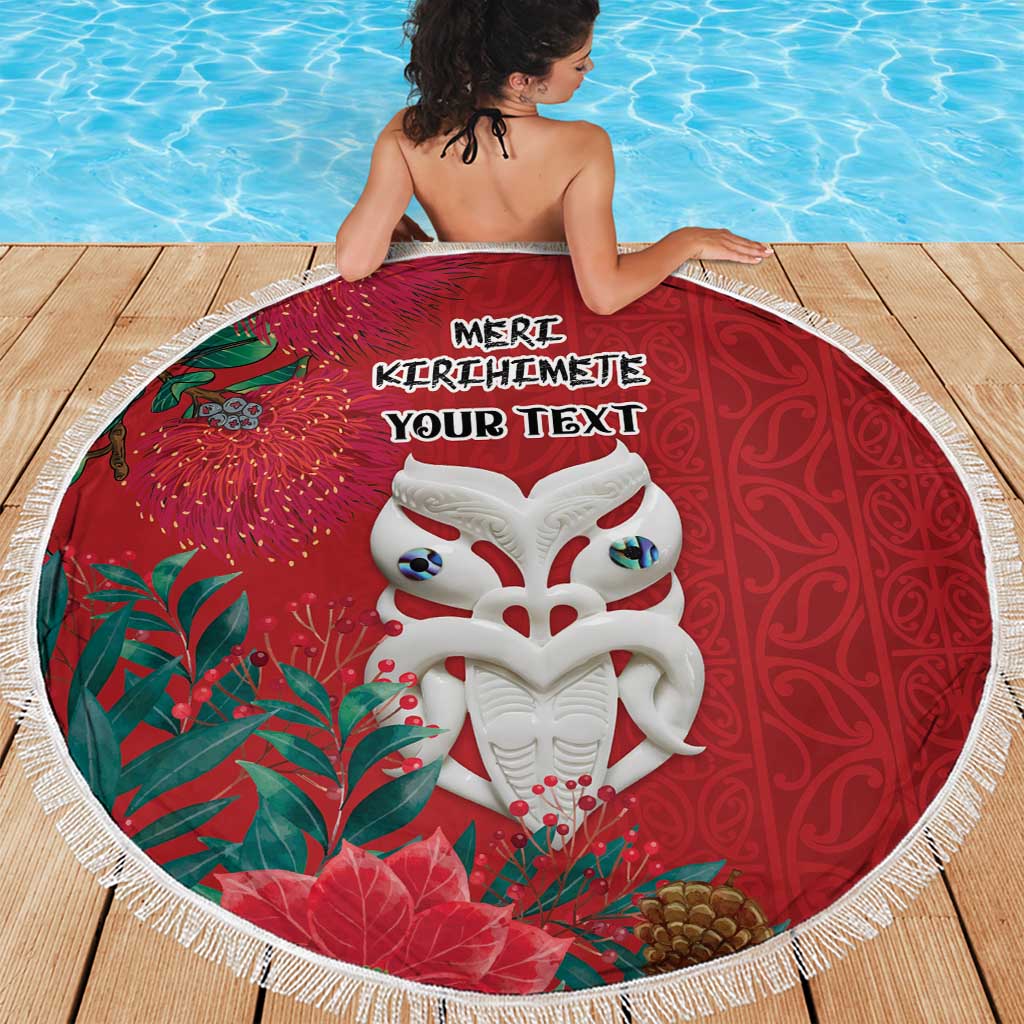 Maori Wheku Meri Kirihimete Personalised Beach Blanket All Red Indigenous Maori Motif - Polynesian Pride