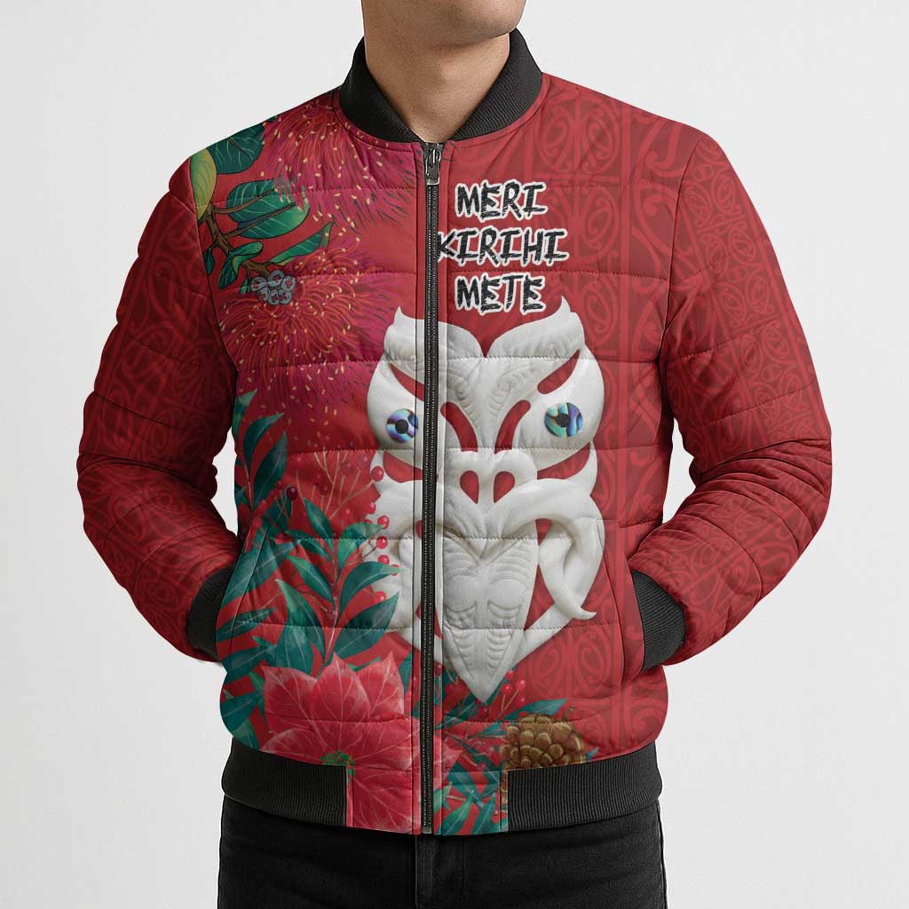 Maori Wheku Meri Kirihimete Personalised Bomber Puffer Jacket All Red Indigenous Maori Motif - Polynesian Pride