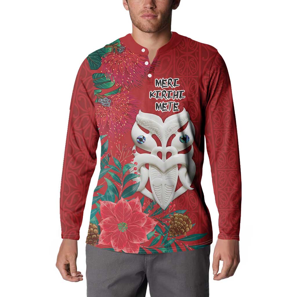 Maori Wheku Meri Kirihimete Personalised Button Sweatshirt All Red Indigenous Maori Motif - Polynesian Pride