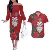 Maori Wheku Meri Kirihimete Personalised Couples Matching Off The Shoulder Long Sleeve Dress and Hawaiian Shirt All Red Indigenous Maori Motif - Polynesian Pride
