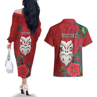Maori Wheku Meri Kirihimete Personalised Couples Matching Off The Shoulder Long Sleeve Dress and Hawaiian Shirt All Red Indigenous Maori Motif - Polynesian Pride