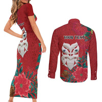 Maori Wheku Meri Kirihimete Personalised Couples Matching Short Sleeve Bodycon Dress and Long Sleeve Button Shirt All Red Indigenous Maori Motif - Polynesian Pride