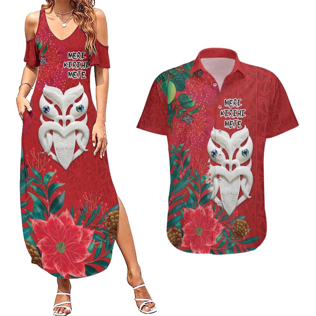 Maori Wheku Meri Kirihimete Personalised Couples Matching Summer Maxi Dress and Hawaiian Shirt All Red Indigenous Maori Motif - Polynesian Pride