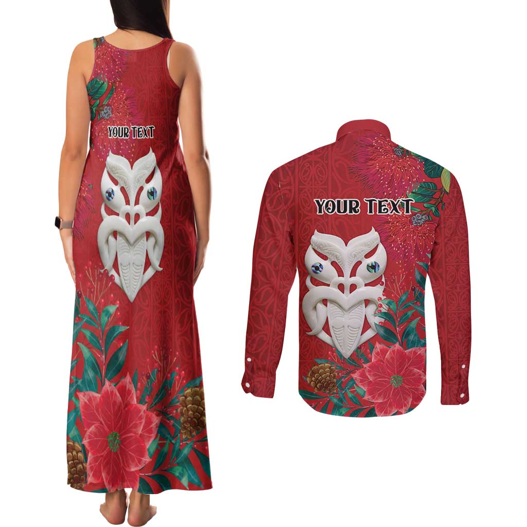 Maori Wheku Meri Kirihimete Personalised Couples Matching Tank Maxi Dress and Long Sleeve Button Shirt All Red Indigenous Maori Motif - Polynesian Pride