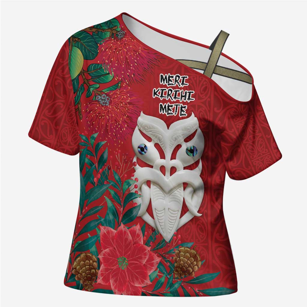 Maori Wheku Meri Kirihimete Personalised Cross Shoulder Shirt All Red Indigenous Maori Motif - Polynesian Pride