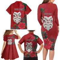 Maori Wheku Meri Kirihimete Personalised Family Matching Long Sleeve Bodycon Dress and Hawaiian Shirt All Red Indigenous Maori Motif - Polynesian Pride