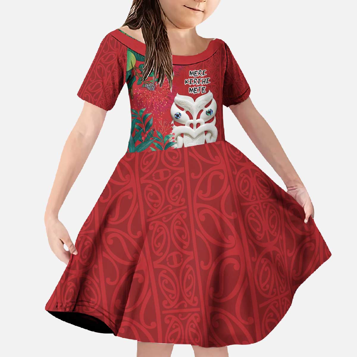 Maori Wheku Meri Kirihimete Personalised Family Matching Off The Shoulder Long Sleeve Dress and Hawaiian Shirt All Red Indigenous Maori Motif - Polynesian Pride