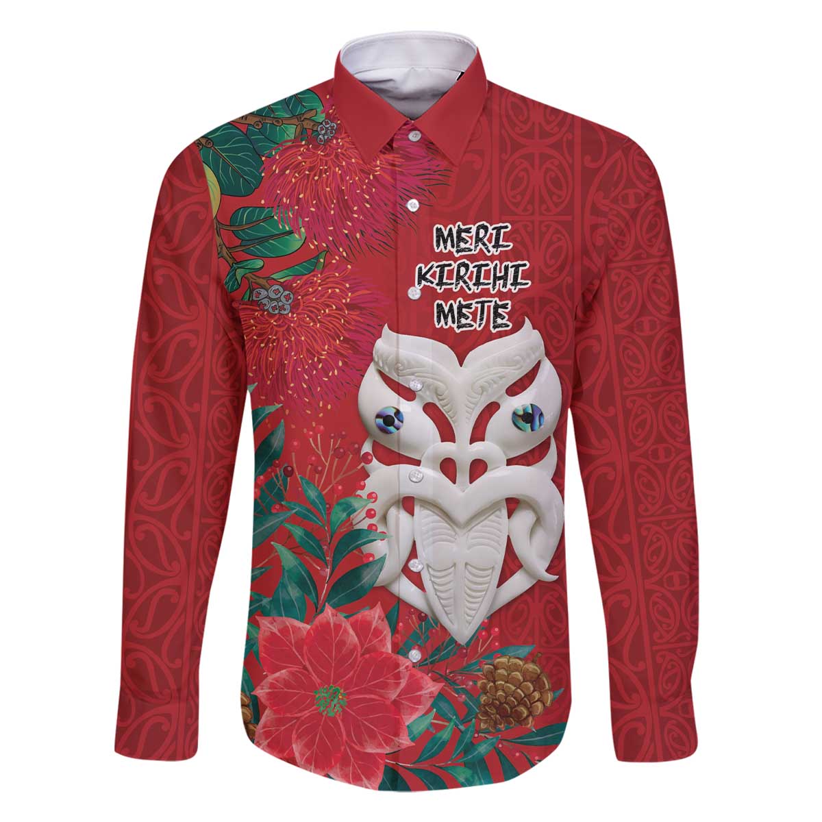 Maori Wheku Meri Kirihimete Personalised Family Matching Off The Shoulder Long Sleeve Dress and Hawaiian Shirt All Red Indigenous Maori Motif - Polynesian Pride