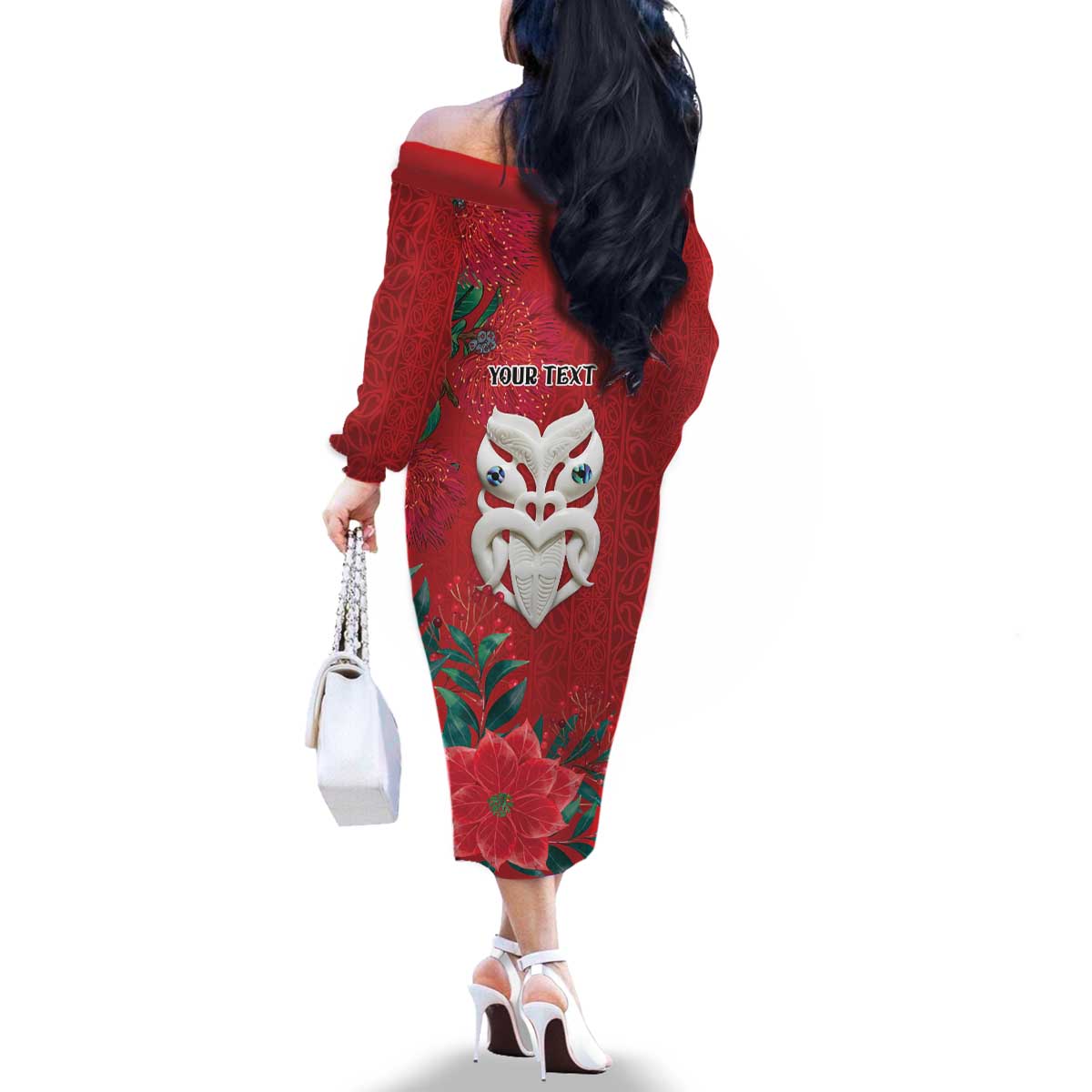 Maori Wheku Meri Kirihimete Personalised Family Matching Off The Shoulder Long Sleeve Dress and Hawaiian Shirt All Red Indigenous Maori Motif - Polynesian Pride