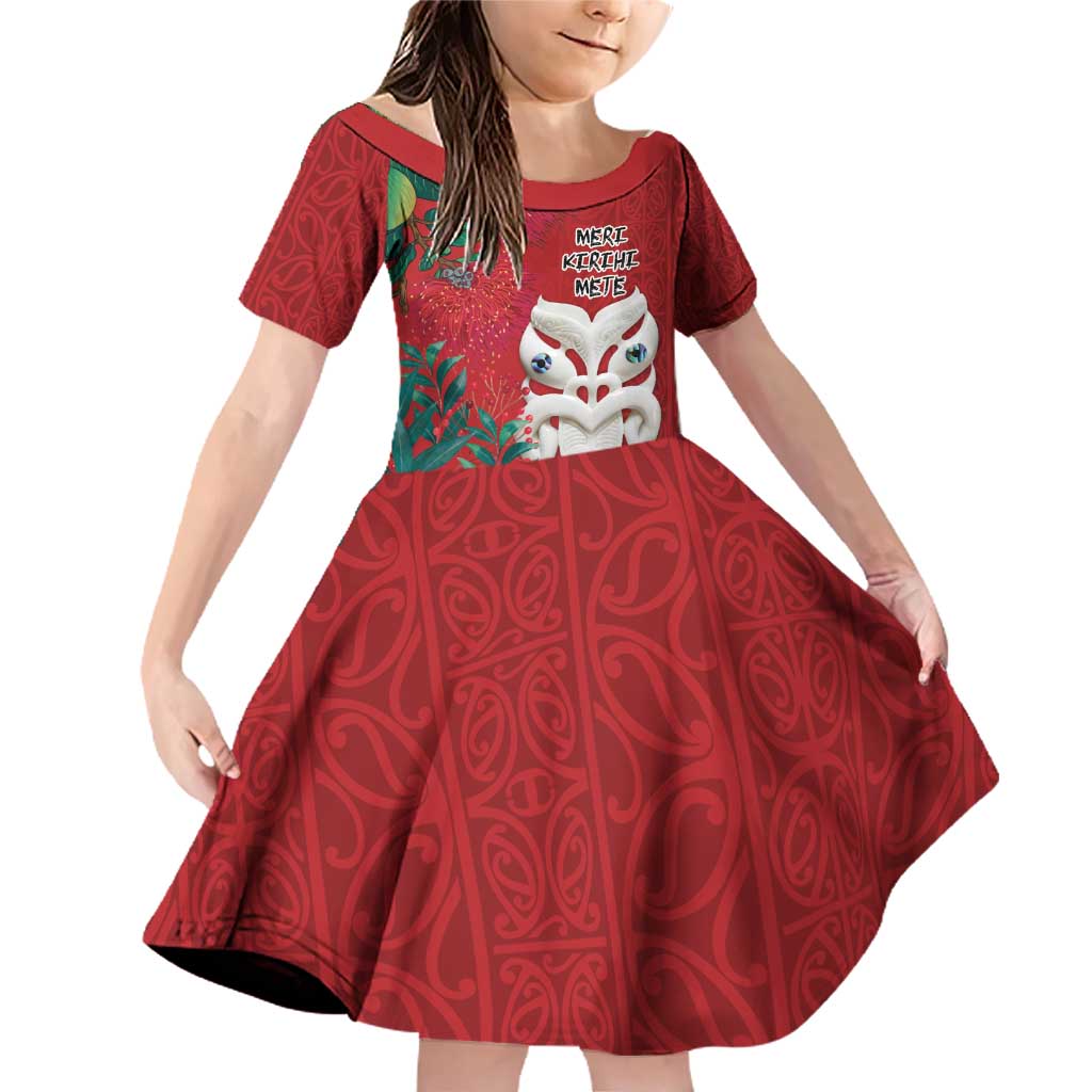 Maori Wheku Meri Kirihimete Personalised Family Matching Off Shoulder Short Dress and Hawaiian Shirt All Red Indigenous Maori Motif - Polynesian Pride