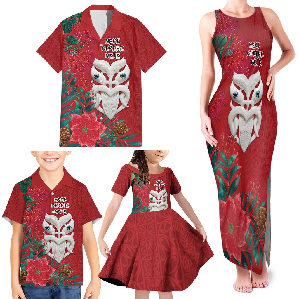 Maori Wheku Meri Kirihimete Personalised Family Matching Tank Maxi Dress and Hawaiian Shirt All Red Indigenous Maori Motif - Polynesian Pride