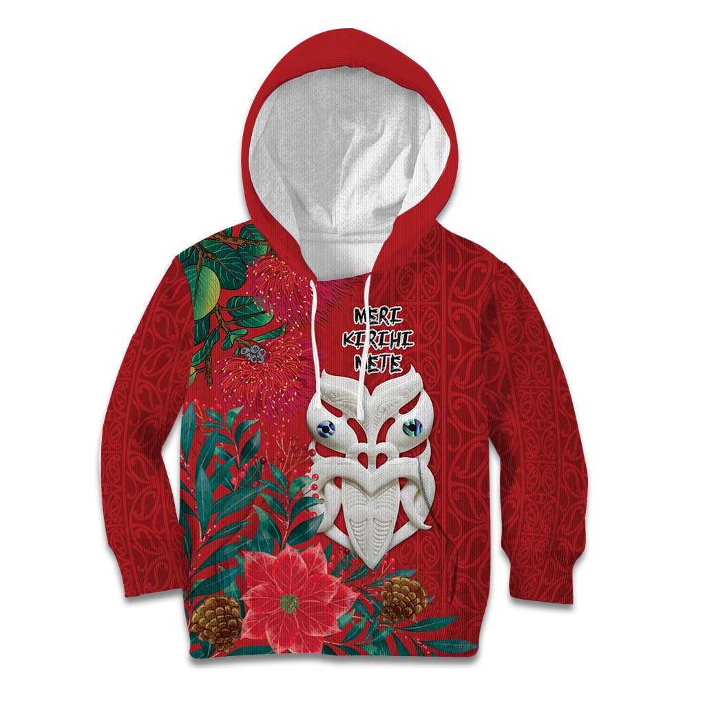 Maori Wheku Meri Kirihimete Personalised Kid Hoodie All Red Indigenous Maori Motif - Polynesian Pride