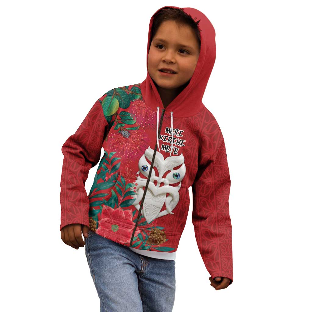 Maori Wheku Meri Kirihimete Personalised Kid Hoodie All Red Indigenous Maori Motif - Polynesian Pride