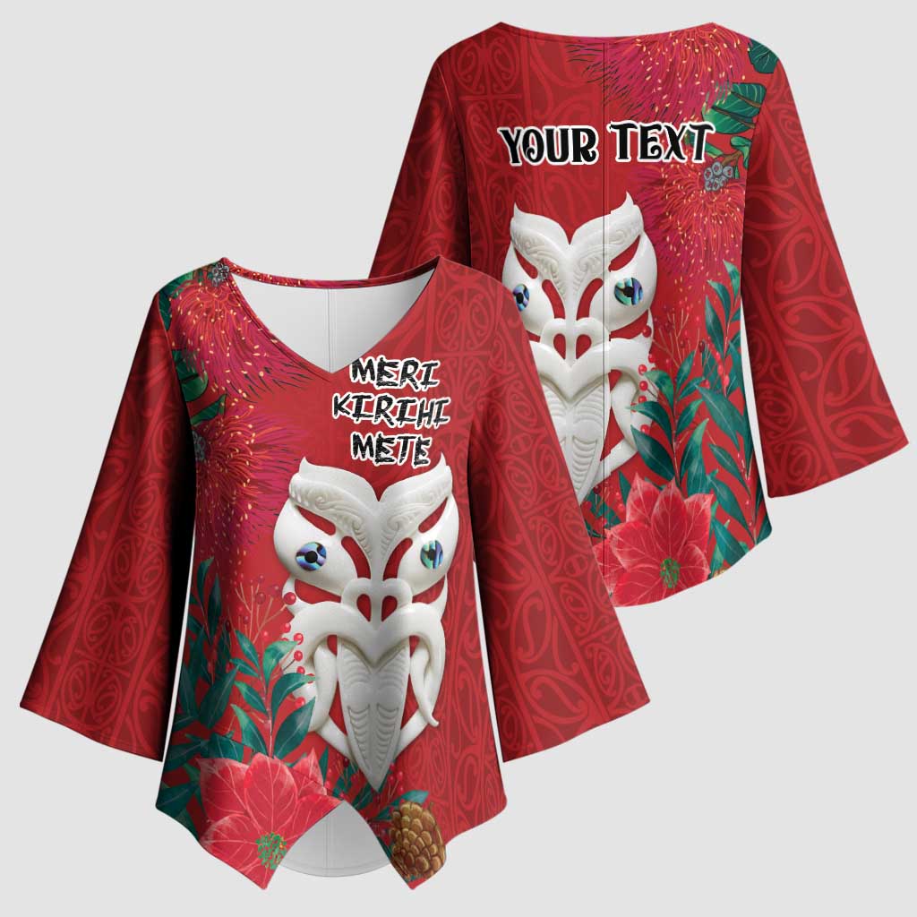 Maori Wheku Meri Kirihimete Personalised Kimono Sleeve Blouse All Red Indigenous Maori Motif - Polynesian Pride