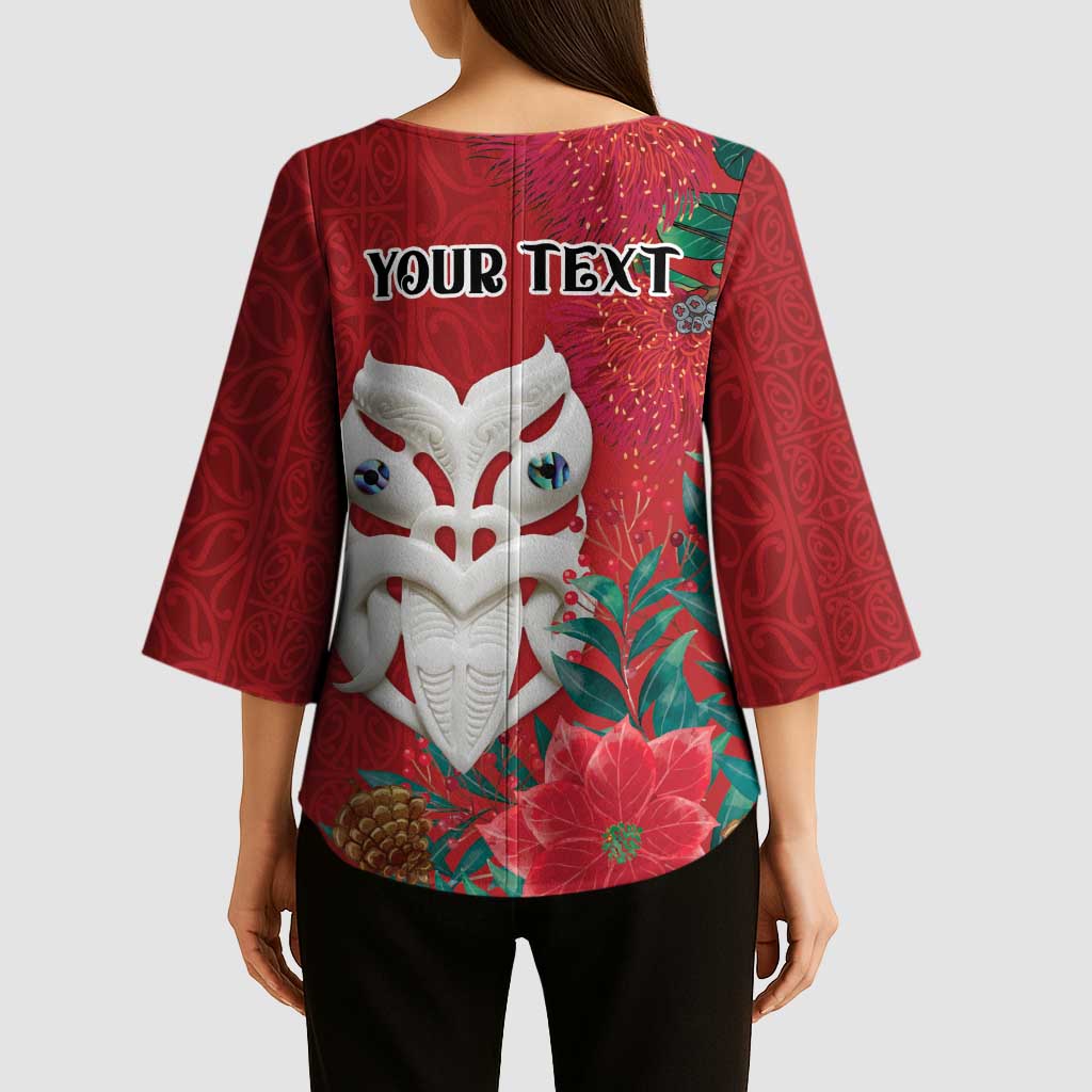 Maori Wheku Meri Kirihimete Personalised Kimono Sleeve Blouse All Red Indigenous Maori Motif - Polynesian Pride
