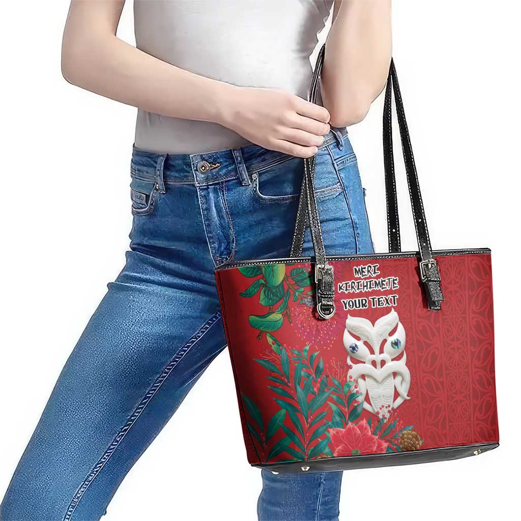 Maori Wheku Meri Kirihimete Personalised Leather Tote Bag All Red Indigenous Maori Motif - Polynesian Pride