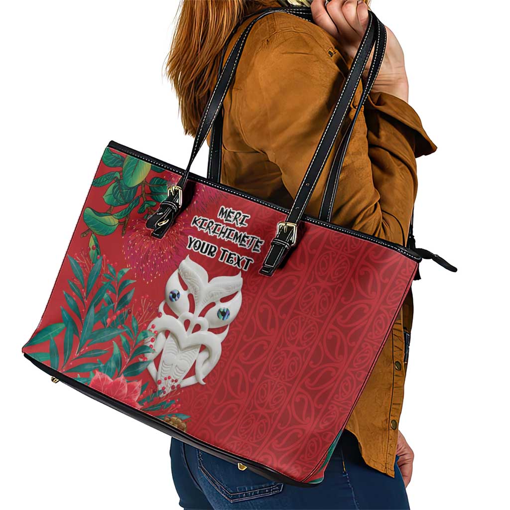 Maori Wheku Meri Kirihimete Personalised Leather Tote Bag All Red Indigenous Maori Motif - Polynesian Pride