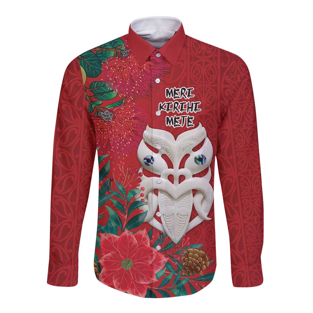Maori Wheku Meri Kirihimete Personalised Long Sleeve Button Shirt All Red Indigenous Maori Motif - Polynesian Pride