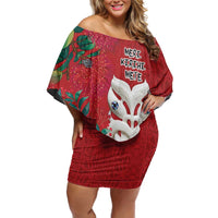 Maori Wheku Meri Kirihimete Personalised Off Shoulder Short Dress All Red Indigenous Maori Motif - Polynesian Pride