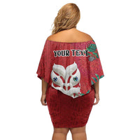 Maori Wheku Meri Kirihimete Personalised Off Shoulder Short Dress All Red Indigenous Maori Motif - Polynesian Pride