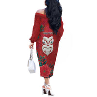 Maori Wheku Meri Kirihimete Personalised Off The Shoulder Long Sleeve Dress All Red Indigenous Maori Motif - Polynesian Pride