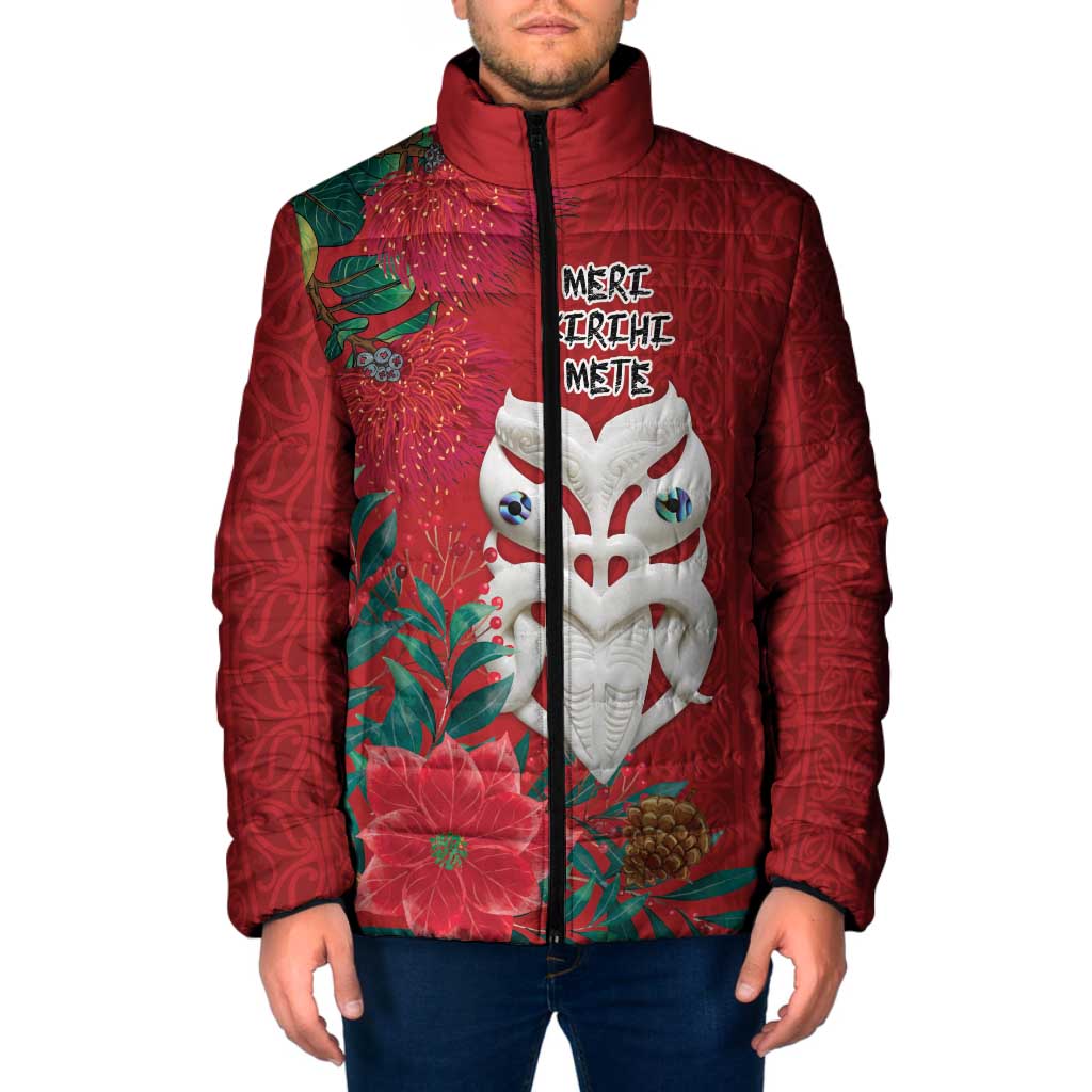 Maori Wheku Meri Kirihimete Personalised Padded Jacket All Red Indigenous Maori Motif - Polynesian Pride