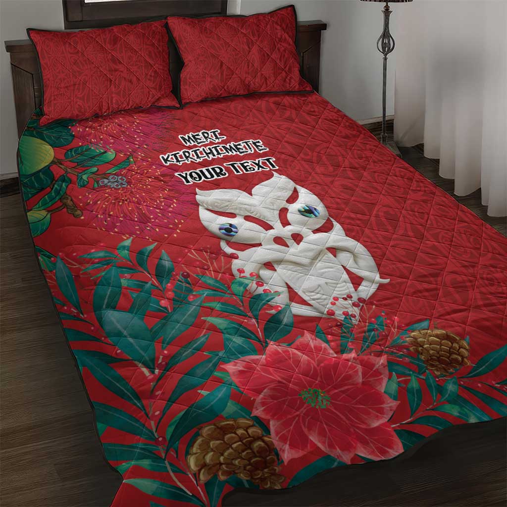 Maori Wheku Meri Kirihimete Personalised Quilt Bed Set All Red Indigenous Maori Motif - Polynesian Pride