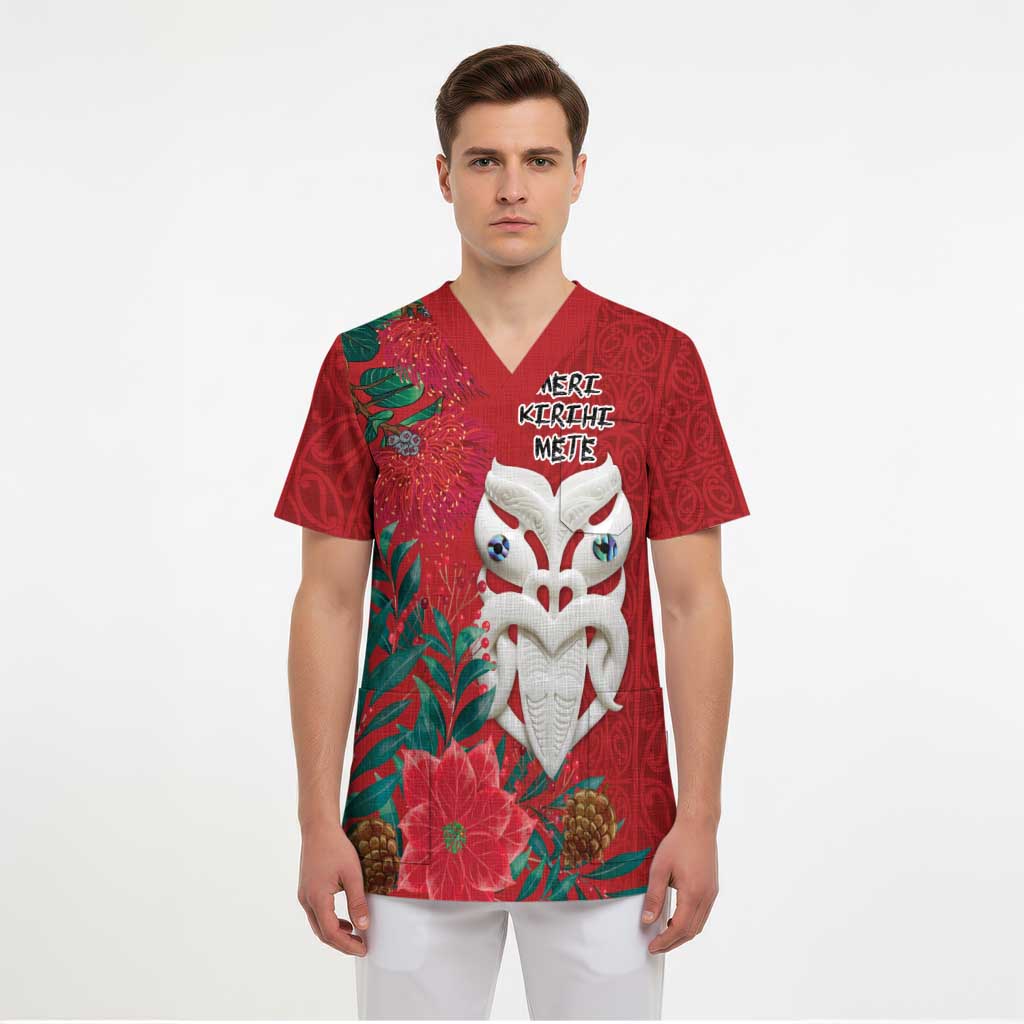 Maori Wheku Meri Kirihimete Personalised Scrub Top All Red Indigenous Maori Motif - Polynesian Pride