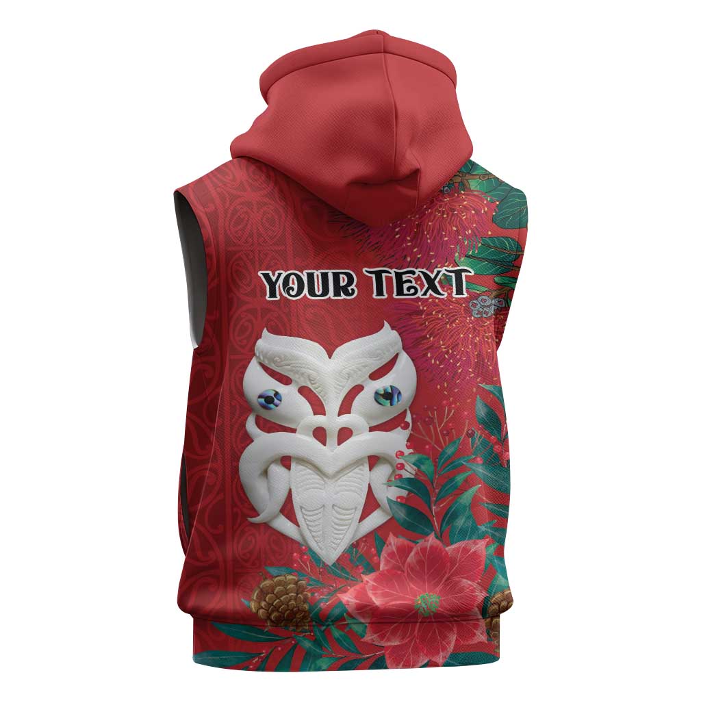 Maori Wheku Meri Kirihimete Personalised Sleeveless Hoodie All Red Indigenous Maori Motif - Polynesian Pride