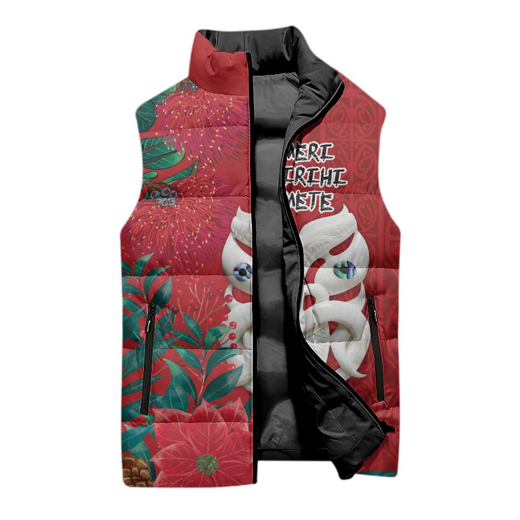 Maori Wheku Meri Kirihimete Personalised Sleeveless Puffer Jacket All Red Indigenous Maori Motif - Polynesian Pride