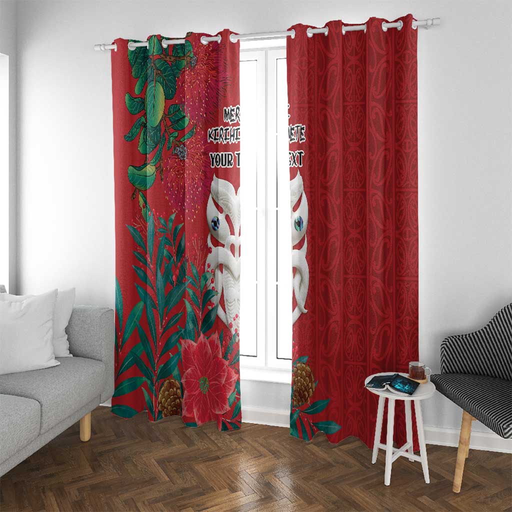 Maori Wheku Meri Kirihimete Personalised Window Curtain All Red Indigenous Maori Motif - Polynesian Pride